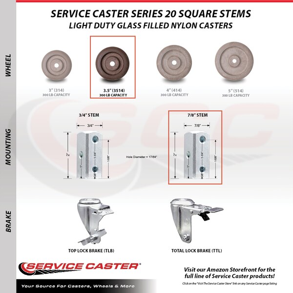 Service Caster 3.5 Inch High Temp Glass Filled Nylon 7/8 Inch Stem Caster Lock Brakes SCC, 2PK SCC-SQTTL20S3514-GFNSHT-78-2-S-2 - main